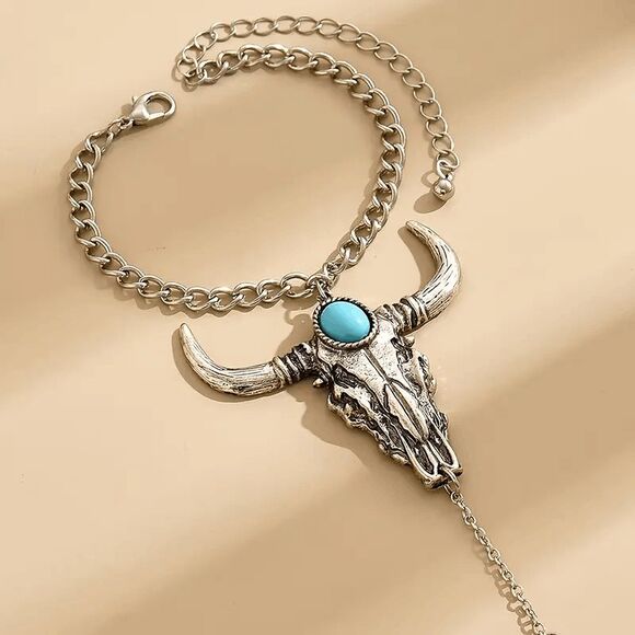 Boho Western Turquoise Bull Head Finger Stainless Steel Bracelet - Picture 2 of 5
